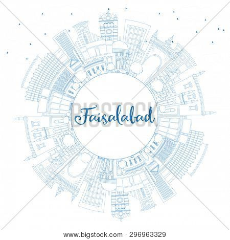 Outline Faisalabad Pakistan City Skyline with Blue Buildings and Copy Space. Business Travel and Tourism Concept with Modern Architecture. Faisalabad Cityscape with Landmarks. 
