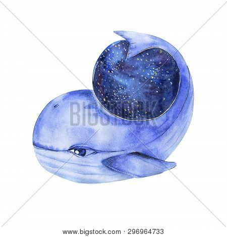 Whale Watercolor Fatasy Whale On Milky Way Solar System Funny Blue Ocean Sea Deep Character Drawing 