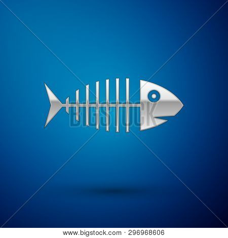 Silver Fish Skeleton Icon Isolated On Blue Background. Fish Bone Sign. Vector Illustration