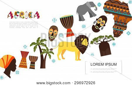 Flat African Traditional Elements Template With Lion Elephant African Woman And Papuan Faces Palm Ba