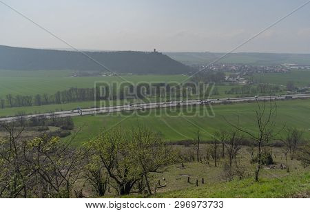 Landscape From Castle Gleichen In Germany With Blue Sky In Spring Fog Day