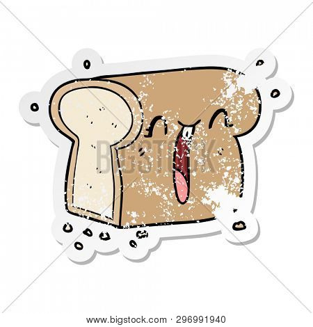 distressed sticker of a cartoon laughing loaf of bread