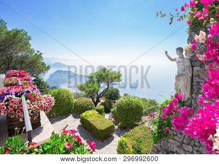 View From Mount Solaro Of Capri Island At Summer Day With Flowers, Italy