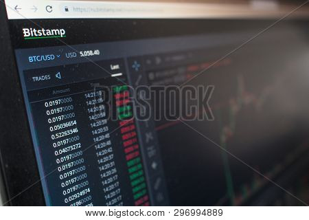 Saint Petersburg, Russia - April 11, 2019: Bitstamp - Exchange For Cryptocurrency Trading. Candle Ch