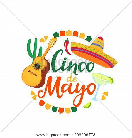 Cinco De Mayo Banner. Hand Drawn Lettering. 5th Of May. Festive Mexican Banner. Guitar, Margarita, S