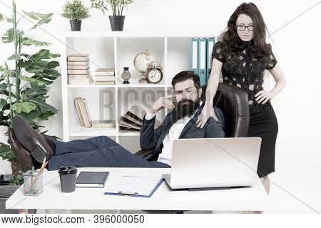 Business People And Office Staff. Sexy Secretary Personal Assistant. Typical Office Life. Man Bearde