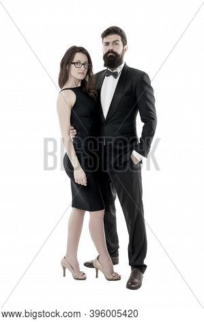 Woman Elegant Lady And Bearded Gentleman Black Tuxedo With Bow Tie. Formal Event. Dress Code Rules. 