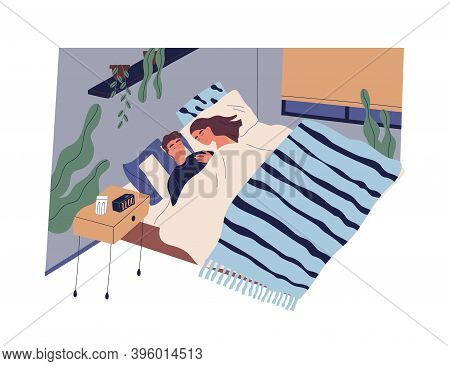 Young Couple Sleeping Together Cuddling Under Blanket In Modern Bedroom. Man And Woman Falling Aslee