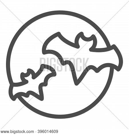 Bat With Full Moon Clouds Line Icon, Halloween Concept, Big Moon And Two Bats Sign On White Backgrou