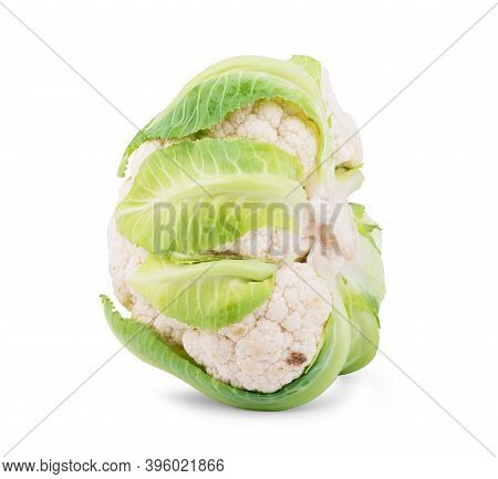 Raw Cauliflower, Whole Vegetable. Fresh Cauliflower, Isolated On White Background.