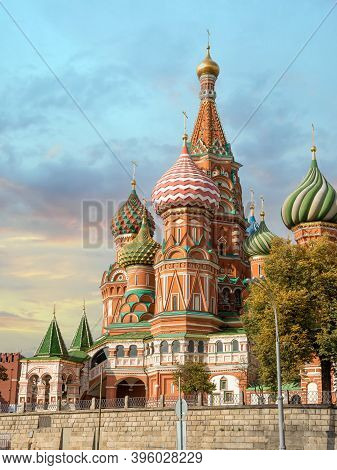 Saint Basil's Cathedral In Moscow. Morning View Of St. Basil's Cathedral On Red Square, Moscow, Russ