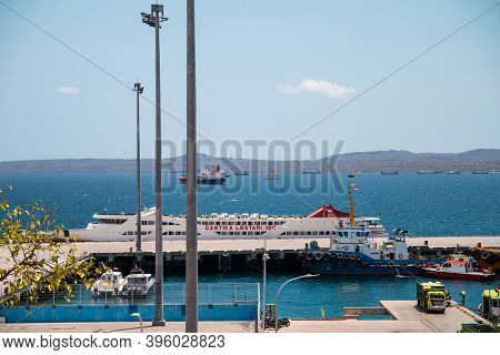 Sumba,indonesia-september 2020: Big Cruise Ship At The Dock Yard In Sumba, Indonesia