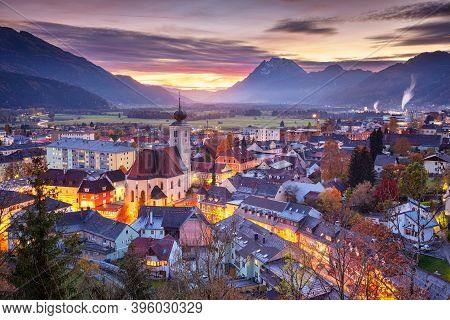 Liezen, Austria. Cityscape Image Of Liezen, Austria At Beautiful Autumn Sunset.