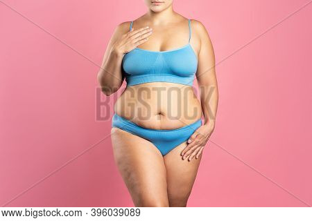Fat Woman In Blue Underwear On Pink Background, Overweight Female Body