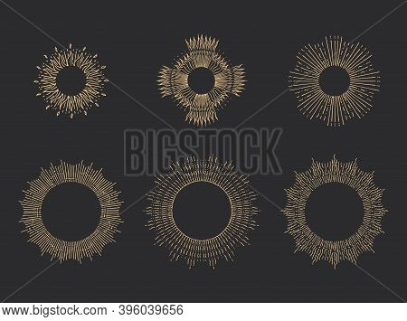 Sun Rays Linear Drawings. Halos Set In Vector.