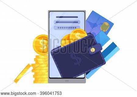 Digital Wallet And Online Payment Finance Vector Concept With Smartphone Screen, Cards, Coins. Inter