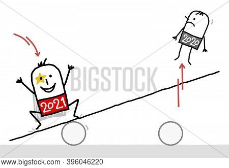 Hand Drawn Cartoon 2021 Super Hero Jumping On A Teeter Board, And Bumping Off A 2020 Man