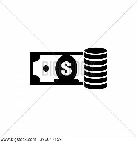 Dollar Banknote With Money Coin Stack. Flat Vector Icon Illustration. Simple Black Symbol On White B