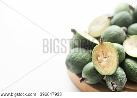 Feijoa Green On A Light Background. Feijoa Selloana Is A Fruit Crop From Tropical Regions. Organic H