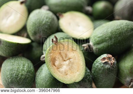 Feijoa Selloana Is A Fruit Crop From Tropical Regions. Organic Healthy Food Concept, Eco Friendly Na