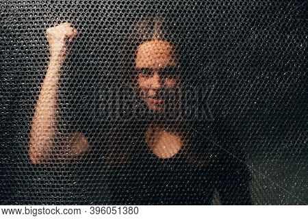 Woman Protest. Female Rigths Empowerment. Gender Equality. Textured Portrait Of Annoyed Angry Mad Fe