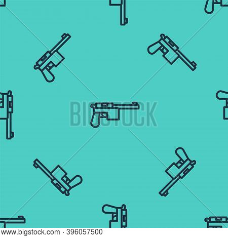 Black Line Mauser Gun Icon Isolated Seamless Pattern On Green Background. Mauser C96 Is A Semi-autom