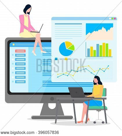Woman Sits At Table Using Laptop, Chat With Client Or Manager, Sell Online. Girl Sits On Huge Monito