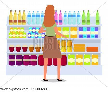 Girl Next To The Drinks Counter. Supermarket Sales And Discounts. Shopping In The Store. Woman In Th