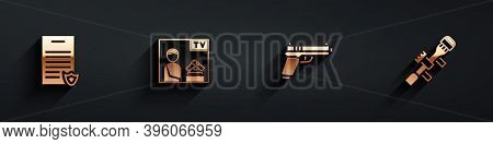 Set Firearms License Certificate, Advertising Weapon, Pistol Or Gun And Sniper Optical Sight Icon Wi