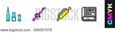 Set Bullet, M16a1 Rifle, Trap Hunting And Book With Pistol Or Gun Icon. Vector