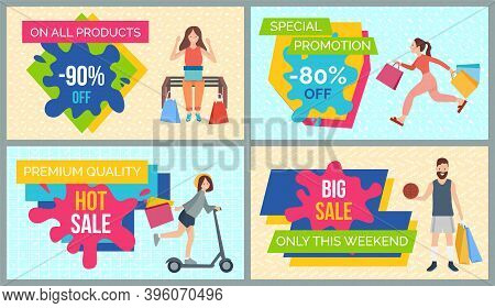 Set Of Illustrations On The Theme Of Discounts And Black Friday. People With Purchases Rush To The S