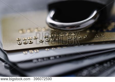 Plastic Bank Cards With A Lock. Freeze Cash And Deposits Concept