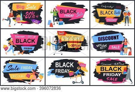 Set Of Illustrations On The Theme Of Discounts And Black Friday. People With Purchases Rush To The S