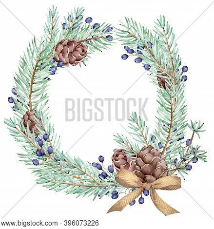 Watercolor Winter Pinebranch And Cones Wreath. Christmas And New Years Card. Circle Holiday Frame. G