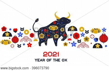2021 Year Of Ox Zodiac. Chinese New Year Banner With Bull, Flowers, Lanternas And Other Symbol. Bord