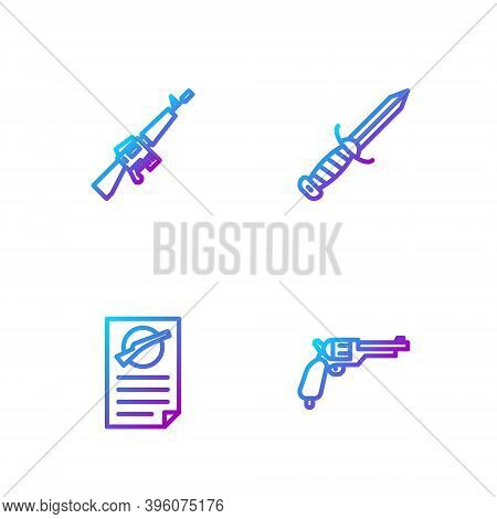Set Line Revolver Gun, Firearms License Certificate, M16a1 Rifle And Military Knife. Gradient Color 