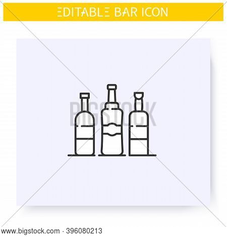 Alcohol Bottles Line Icon. Party Drinks. Restaurant, Bar Menu. Wine, Whiskey, Tequila Or Vodka Bottl