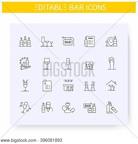 Bar Line Icons Set. Alcohol Drinks, Stemware Types. Bar Interior, Menu, Utensils. Cocktail Party And