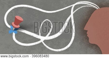 Illustration. Silhouette Of A Man With Different Ways To Achieve The Goal. Metaphor. Striving For A 