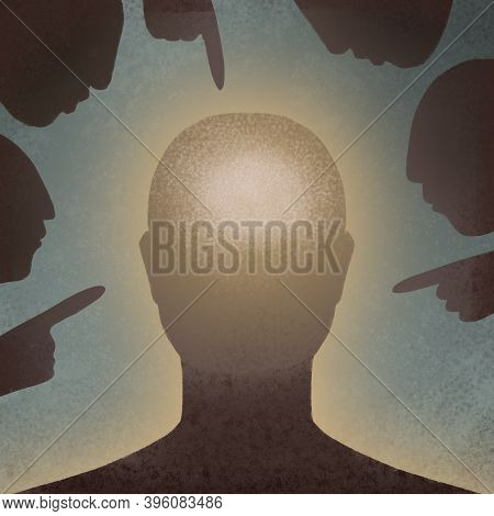 Illustration. A Person In Society. Uniqueness, Extraordinary, Standing Out From The Crowd. Condemnat
