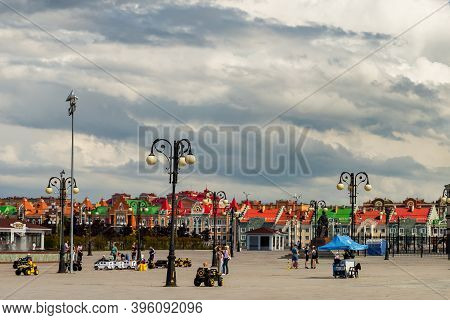 Yoshkar-ola, Mari El, Russia 30 July 2020: Arkhangelskaya Sloboda Beautiful Flemmish Houses With Wal