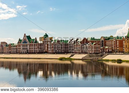 Yoshkar-ola, Mari El, Russia 30 July 2020: Arkhangelskaya Sloboda Quay Bruges Flemmish Dutch Housess