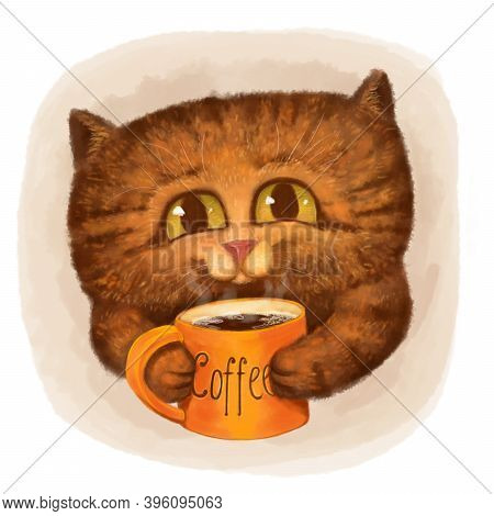 Cartoon Cute Beautiful Ginger Cat With Coffee Mug. Handmade Drawing