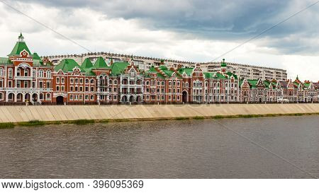 Yoshkar-ola, Mari El, Russia 30 July 2020: Arkhangelskaya Sloboda Quay Bruges Flemmish Dutch Houses 