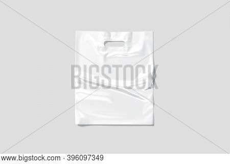 Blank White Die-cut Plastic Bag Handle Hole Mockup, Gray Background, 3d Rendering. Empty Polythene P