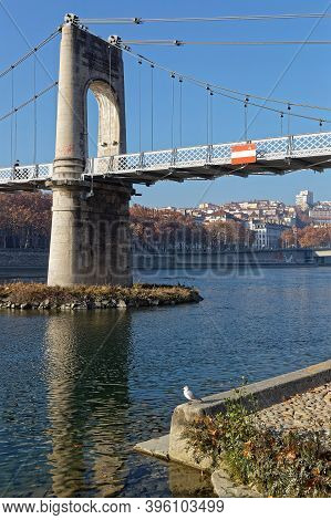 Lyon, France, November 22, 2020 : Empty Quays Of The Rhone River During Lockdown. Berges Du Rhone Ar