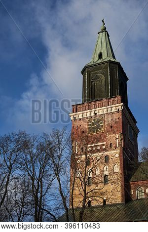 Cathedral In Turku, Finland Against A Blue Sky.