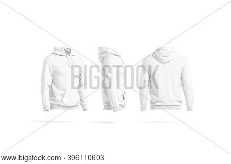 Blank White Hoodie With Hood Mockup, Side And Back View, 3d Rendering. Empty Sport Sweat-shirt For D