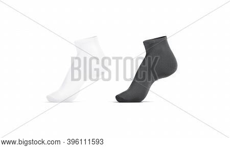 Blank Black And White Ancle Socks Mockup Tiptoe, Side View, 3d Rendering. Empty Elastic Low Cut Gait