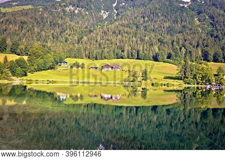 Bavarian Alps Lake Reflection, Hintersee Lake In Berchtesgaden Alpine Landscape Mirror View, Bavaria